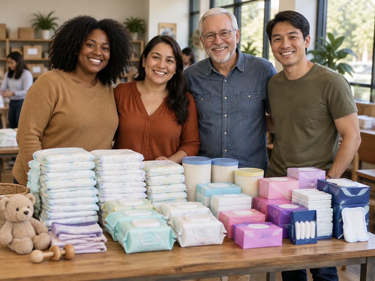 Diverse volunteers standing behind a table of diapers, wipes, formula, and menstrual products